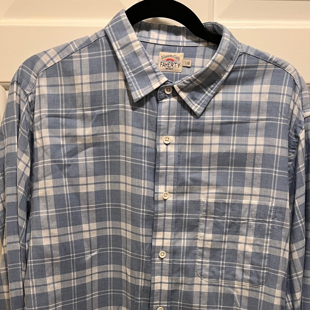 Faherty Everyday Shirt Steel Heather Plaid Large